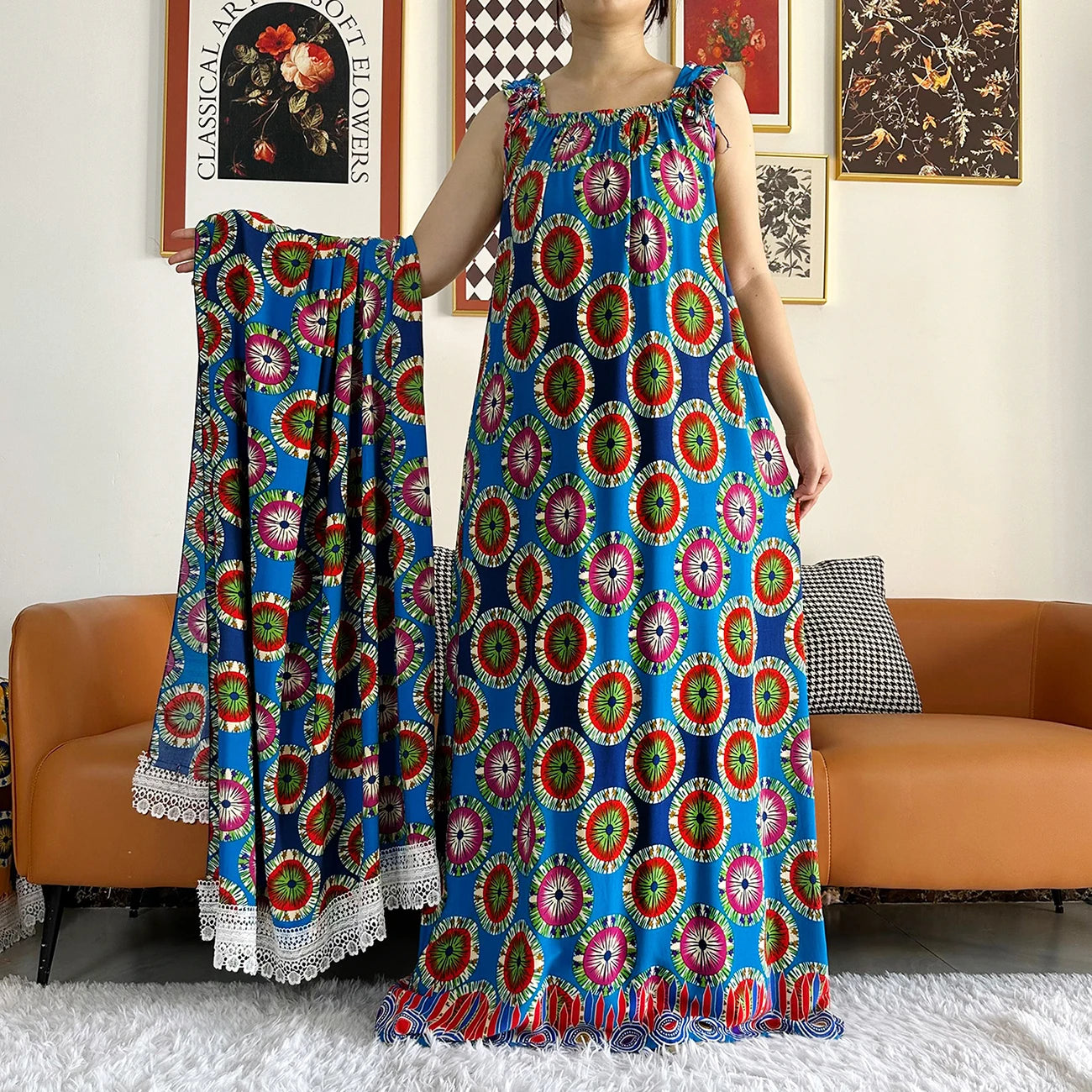 Cotton Summer Sleeveless Dress Print Floral Loose Women Casual Robe With Big Scarf by DERILUJA LLC