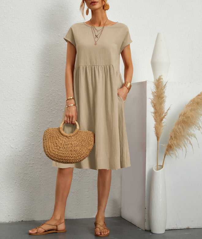 Summer Short-sleeved Dress With Pockets Fashion Solid Round Neck A-line Dresses For Women Clothing by DERILUJA LLC
