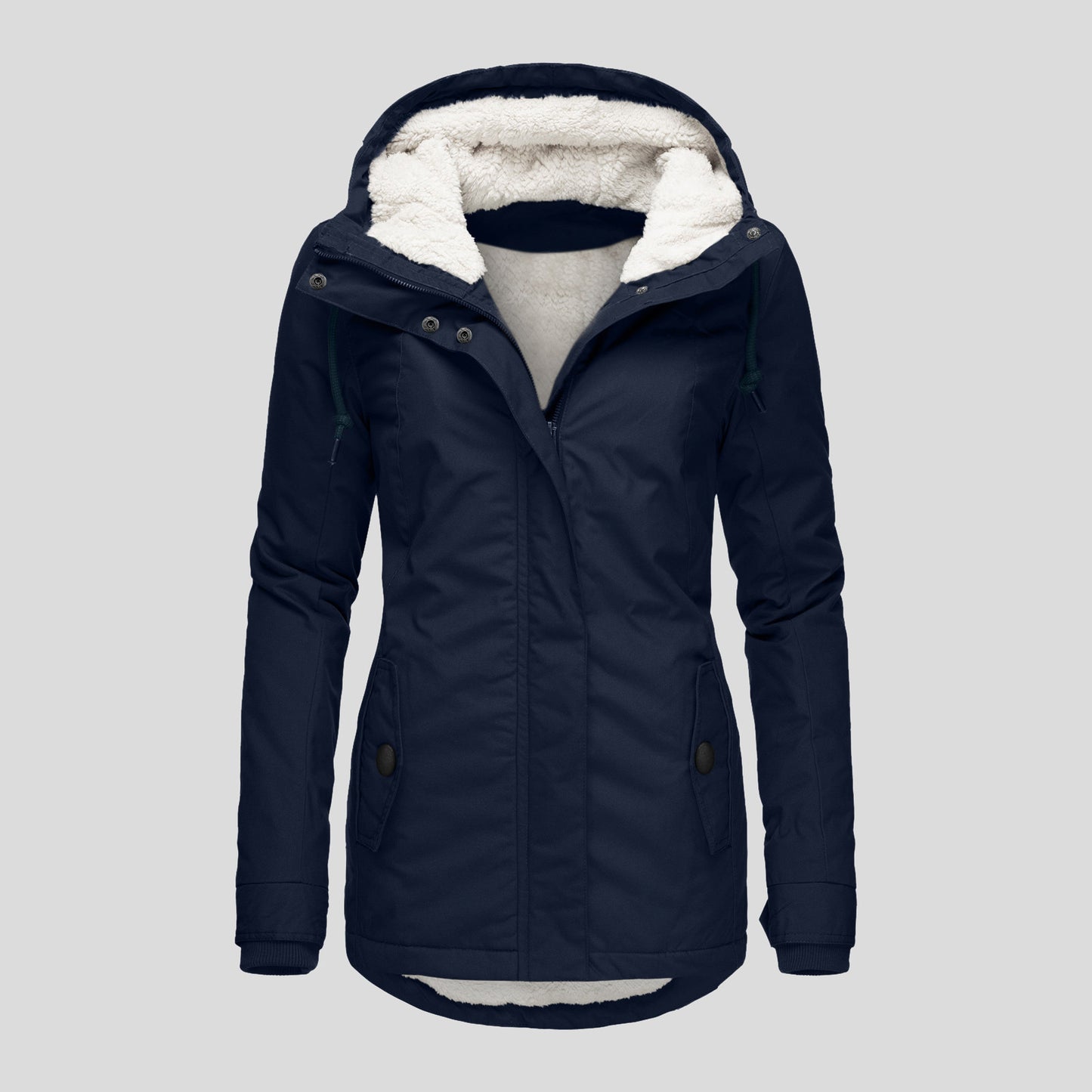 Winter Hooded Jacket Solid Color Warm Buckle Zip-up Fleece Jacket With Pockets Women's Casual Jacket by My Store