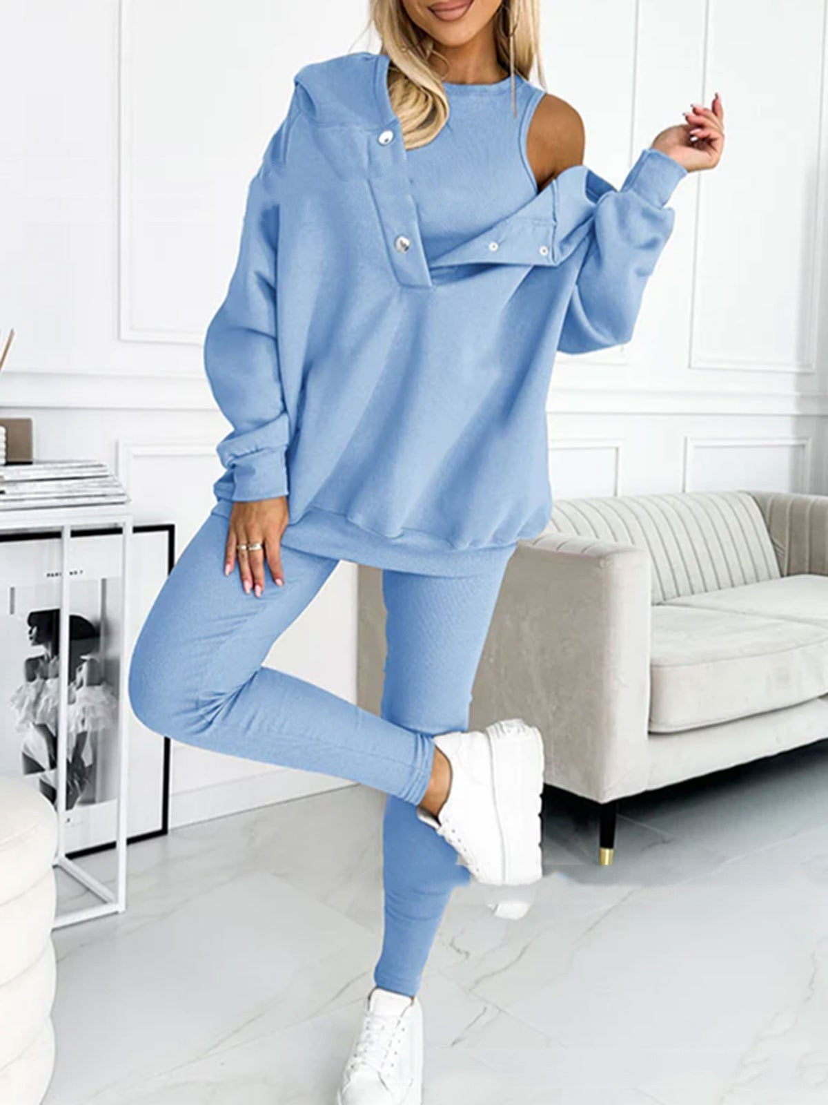 3pcs Women's Sports Suit Loose Hooded Pockets Sweatshirt And Vest And Slim Trousers by My Store