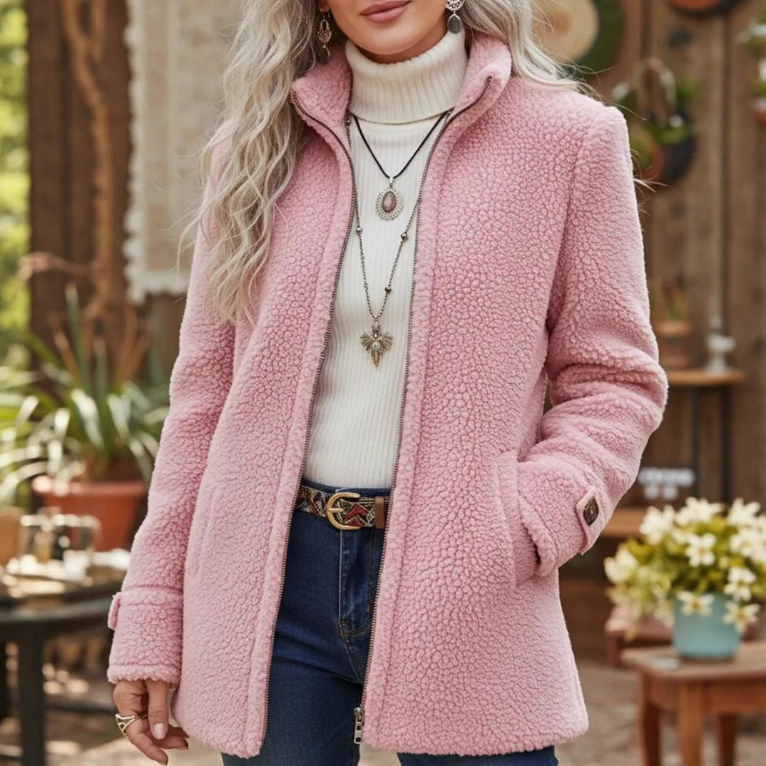 Fleece Zip-Up Jacket Women's Stand Collar Solid Color Loose Fit Casual Long Sleeve Outerwear Clothing by DERILUJA LLC