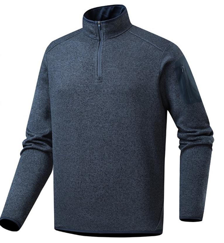 Men Quarter Zip Knit Fleece Pullover, Stand Collar Long Sleeve Sweater Jacket, Arm Zip Pocket, Warm Mid Layer For Hiking Camping Urban Daily Wear by DERILUJA LLC