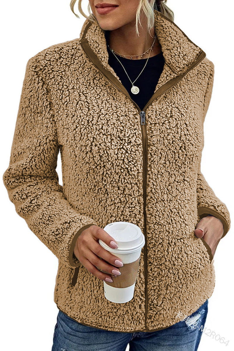 Fall Winter Warm Sweatshirt Stand Collar Solid Color Top Sweater Women's Casual Fashion Long Sleeve Zipper Bubble Velvet Coat Tops by My Store