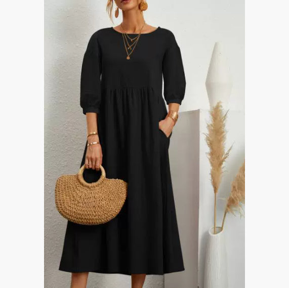 Summer Short-sleeved Dress With Pockets Fashion Solid Round Neck A-line Dresses For Women Clothing by DERILUJA LLC