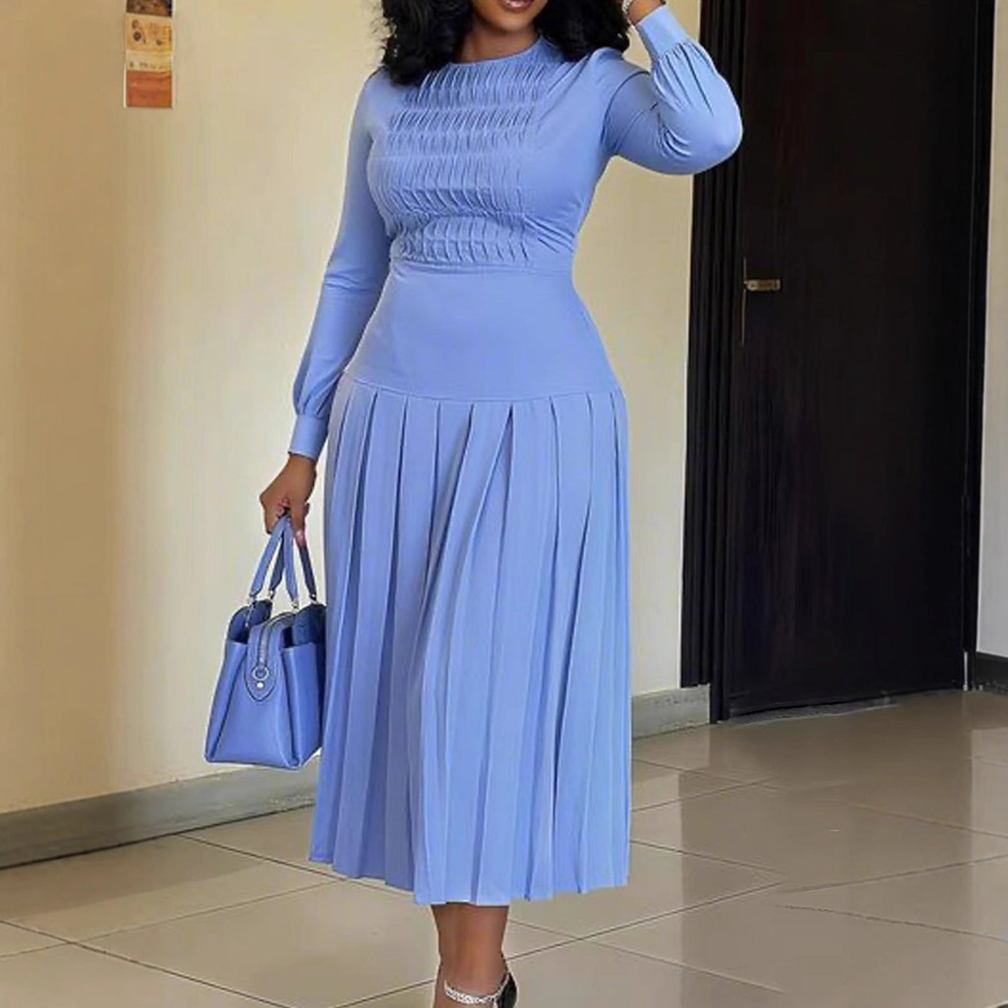 Fashionable Long-Sleeve Solid-Color Dress For Women by DERILUJA LLC