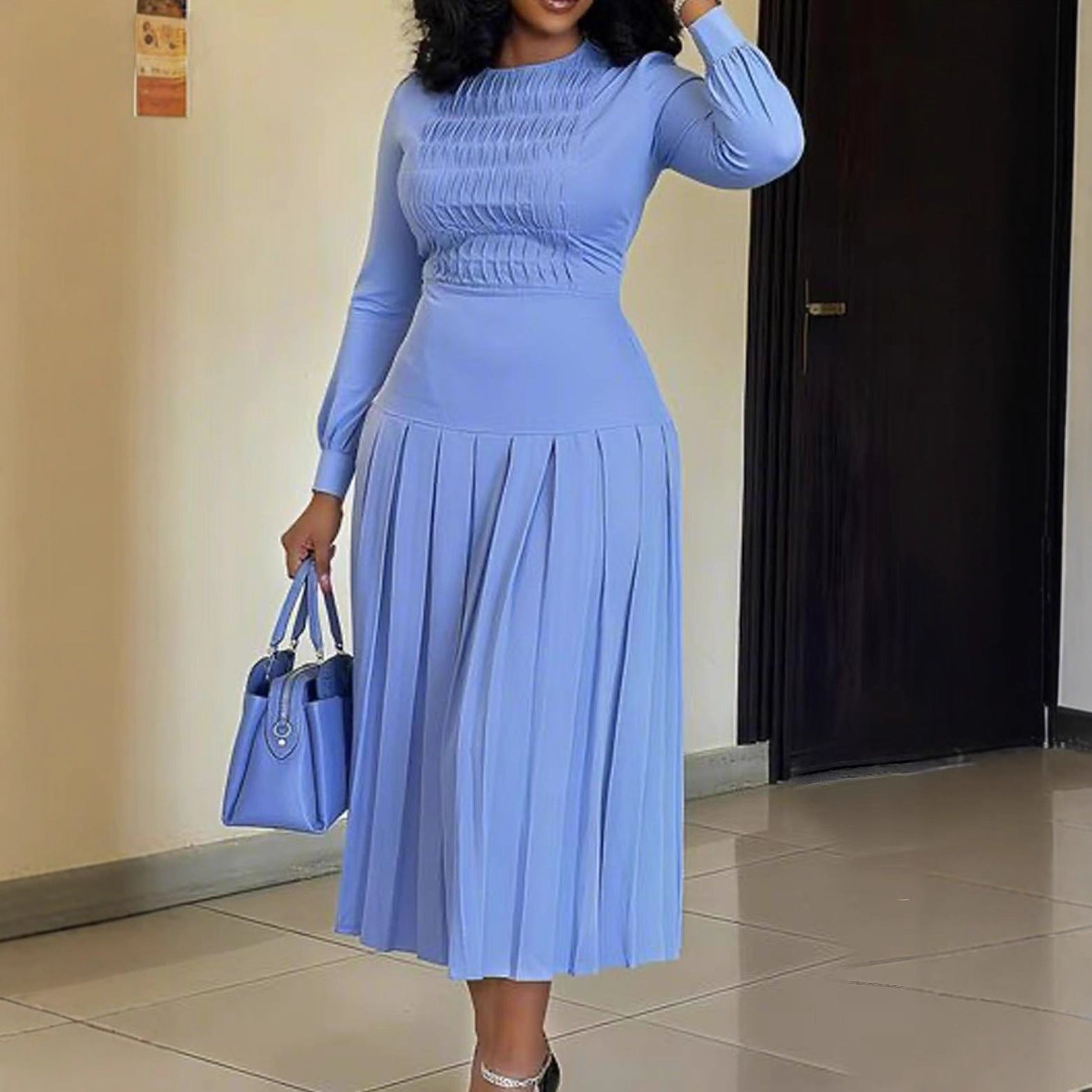 Fashionable Long-Sleeve Solid-Color Dress For Women by DERILUJA LLC