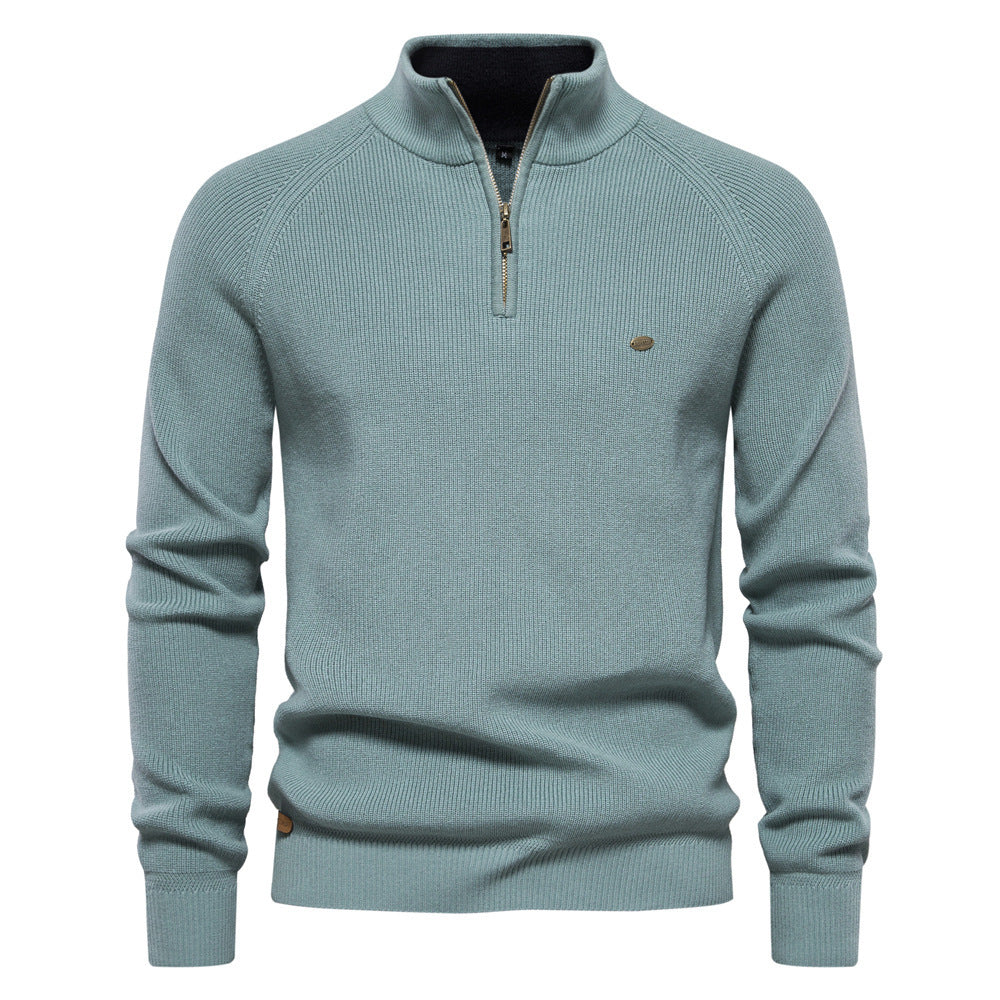 Men's Zipper Stand Collar Knitted Sweater Fashion Slim Solid Color Long Sleeve Half Turtleneck Top Men's Clothing by My Store