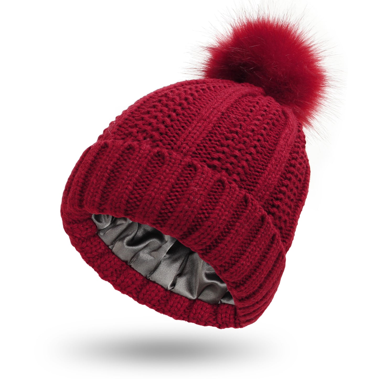 Winter Knitted Hats Fashion Stretchy Lined Skull Hats For Women Faux Fur Pom Pom Hat Keep Warming Beanie Hat by DERILUJA LLC