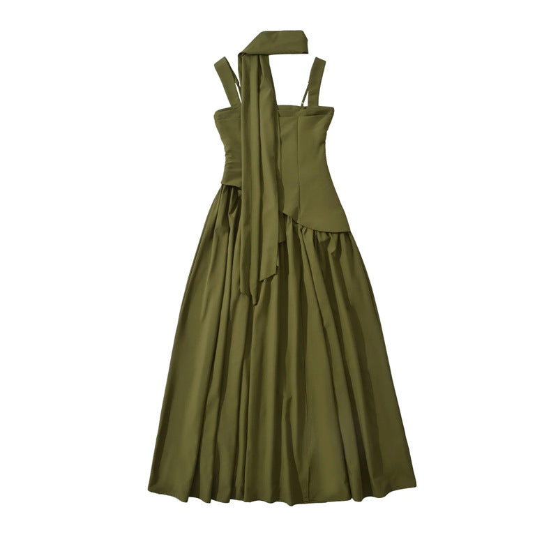 Elegant Olive Green Maxi Dress For Women Summer Flowy Long Dress With Scarf Birthday Party Beach Graduation Dress by DERILUJA LLC