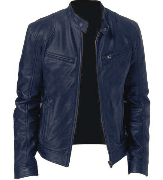 Men's Zip-up Cardigan PU Leather Jacket Fashion Pockets Stand Collar Short Tops Clothing by My Store