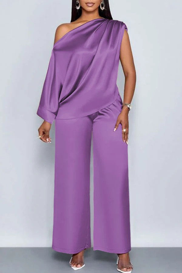 Long-sleeved Suit Off-shoulder Pullover Shirt Top And Loose Straight-leg Trousers Women's Clothing by DERILUJA LLC