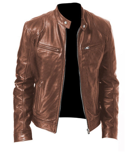 Men's Zip-up Cardigan PU Leather Jacket Fashion Pockets Stand Collar Short Tops Clothing by My Store
