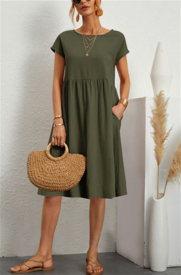 Summer Short-sleeved Dress With Pockets Fashion Solid Round Neck A-line Dresses For Women Clothing by DERILUJA LLC