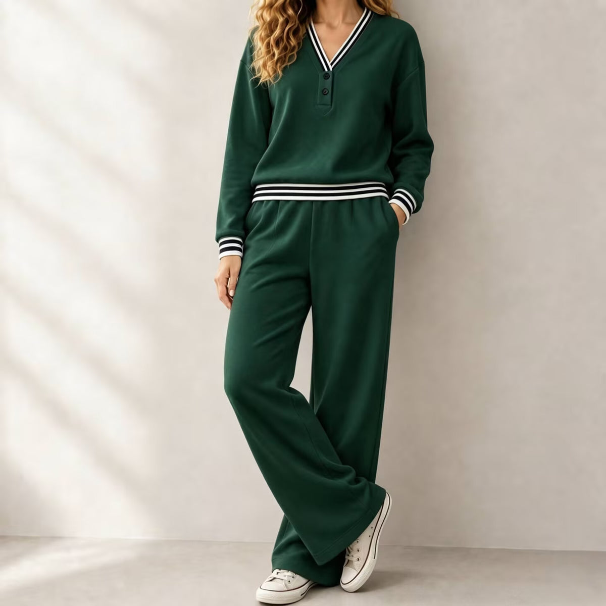 Womens V-neck Striped Sweatshirt And Wide-leg Pants Casual Lounge Set by DERILUJA LLC