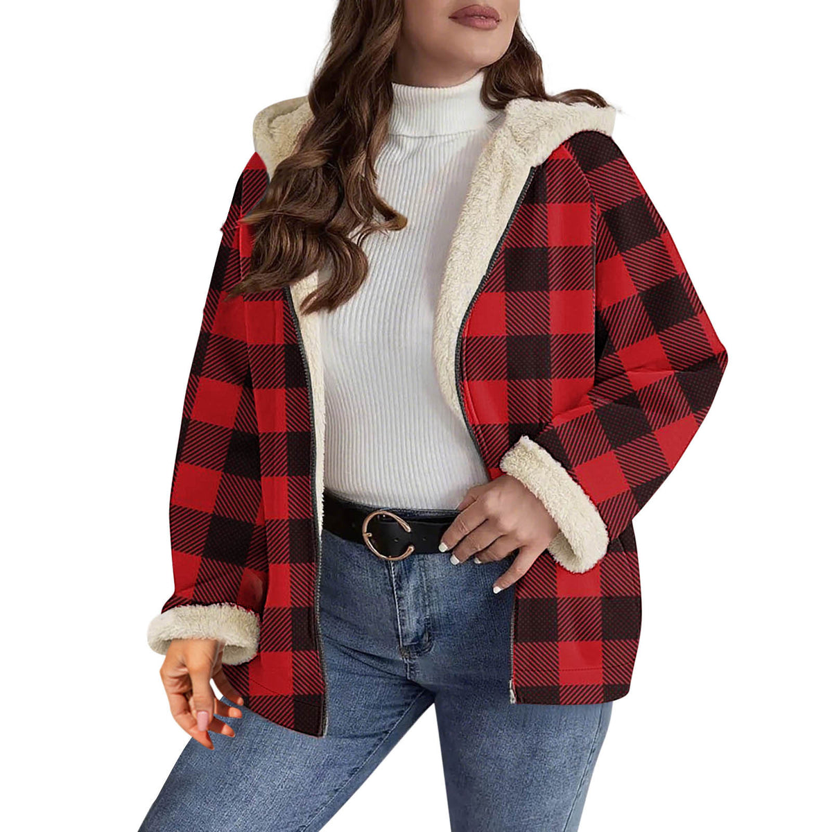 AutumnWinter Plaid Shearling Jacket Fluffy Coat by DERILUJA LLC
