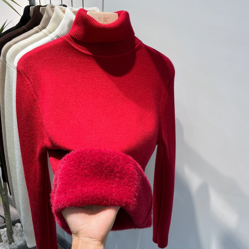 Fleece Turtle Neck Sweater Winter Warm Elegant Thick Knitted Pullover Tops Women's Clothing by DERILUJA LLC