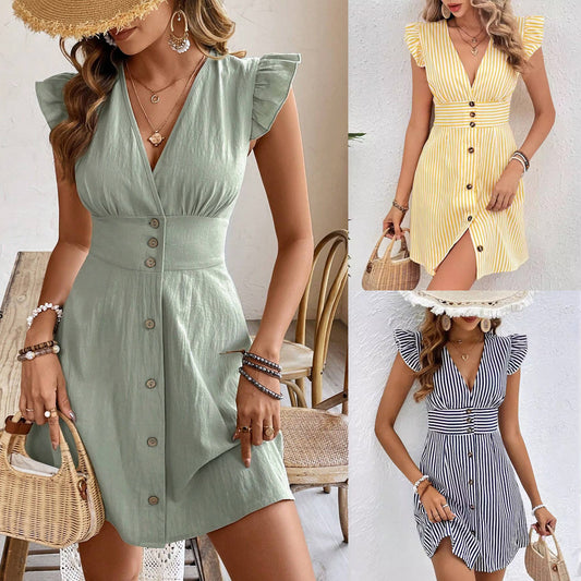 Summer V-neck Single-breasted Fly-sleeve Women's Shirt Dresses With Elegant Splicing Stripe Printing Beach Style Dress by DERILUJA LLC