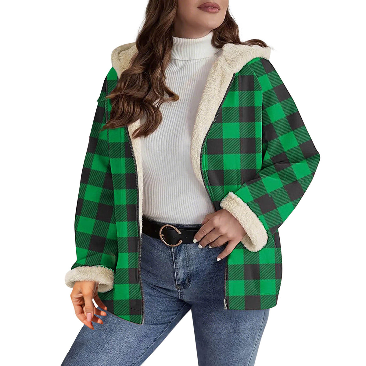 AutumnWinter Plaid Shearling Jacket Fluffy Coat by DERILUJA LLC