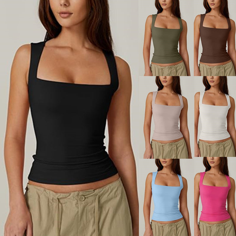 Summer Square-neck Tank Vest Ins Fashion Slim Solid Sleeveless Tops For Women Clothing by DERILUJA LLC