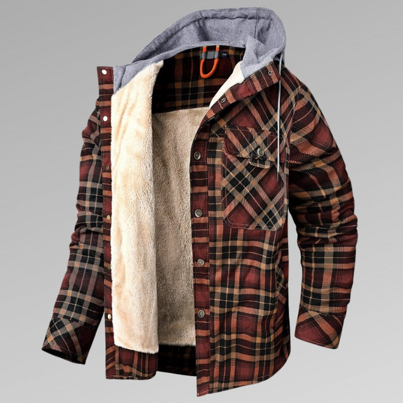 Men's Long Sleeve Velvet Thickened Hooded Plaid Shirt Coat by My Store