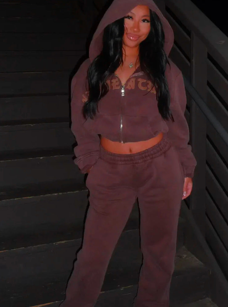 Ins Letter Sports Suit Zip-up Hooded Cropped Sweatshirt Top And Loose Drawstring Trousers Fashion Womens Clothing by DERILUJA LLC