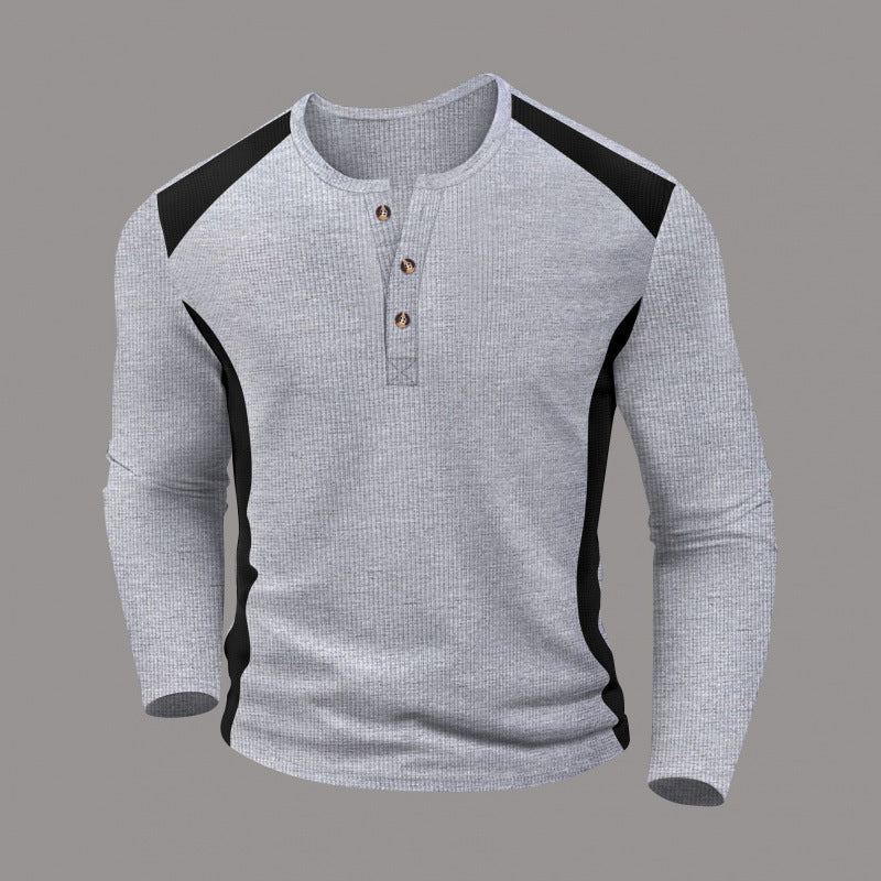 Men's Waffle-Weave Two-Tone Turtleneck Button-Up Long-Sleeve Top by DERILUJA LLC