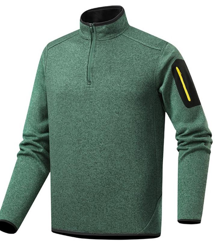 Men Quarter Zip Knit Fleece Pullover, Stand Collar Long Sleeve Sweater Jacket, Arm Zip Pocket, Warm Mid Layer For Hiking Camping Urban Daily Wear by DERILUJA LLC