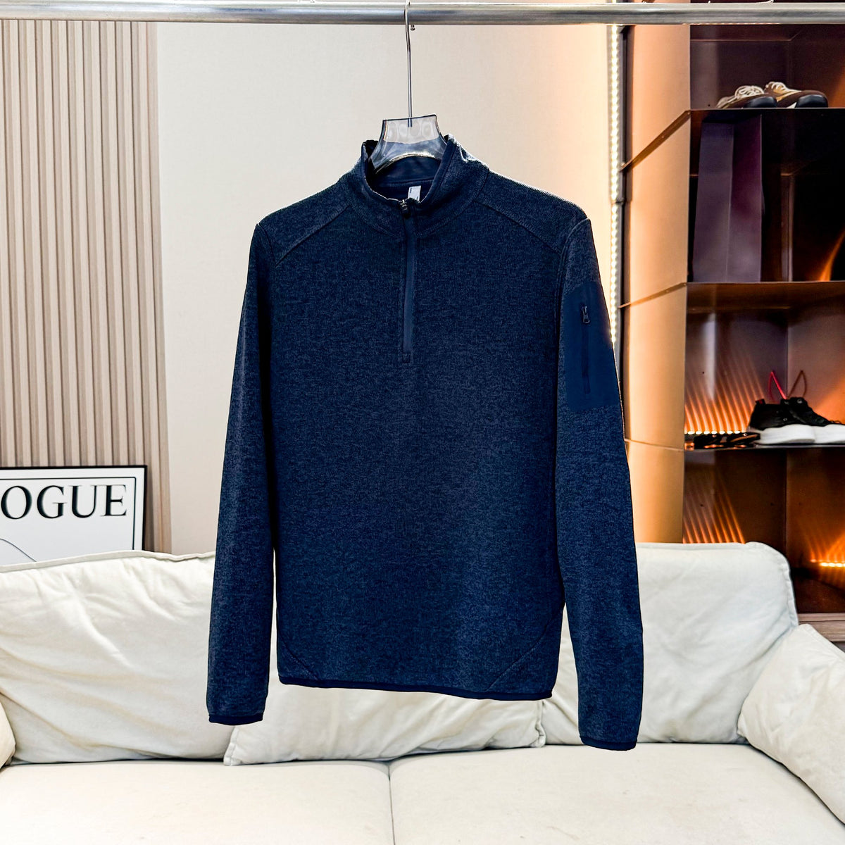 Men Quarter Zip Knit Fleece Pullover, Stand Collar Long Sleeve Sweater Jacket, Arm Zip Pocket, Warm Mid Layer For Hiking Camping Urban Daily Wear by DERILUJA LLC