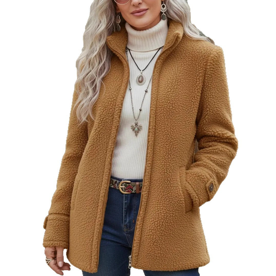Fleece Zip-Up Jacket Women's Stand Collar Solid Color Loose Fit Casual Long Sleeve Outerwear Clothing by DERILUJA LLC