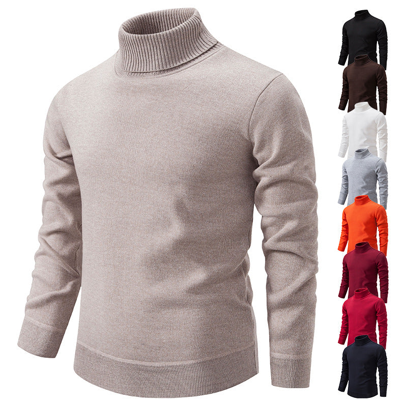 Men's Turtleneck Pullover Sweater Fashion Solid Color Fleece Lined Knitted Long-sleeved Top Clothing by DERILUJA LLC