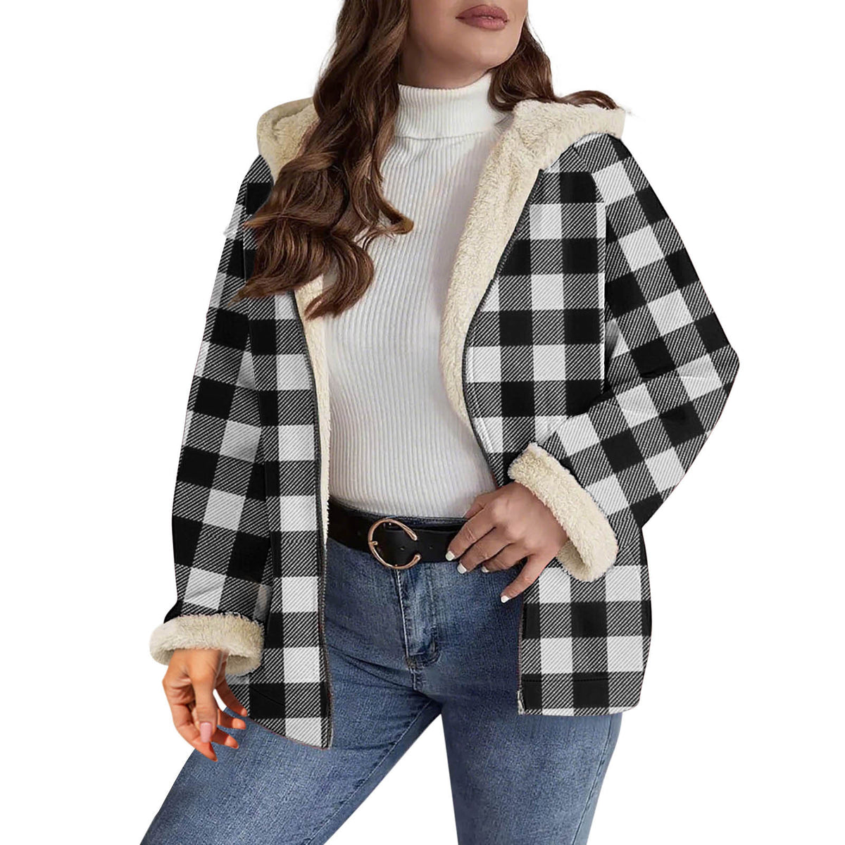 AutumnWinter Plaid Shearling Jacket Fluffy Coat by DERILUJA LLC