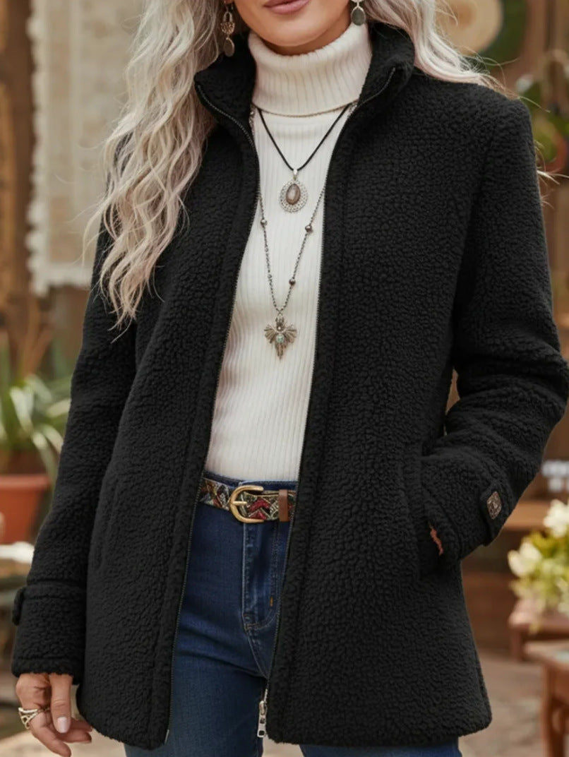 Fleece Zip-Up Jacket Women's Stand Collar Solid Color Loose Fit Casual Long Sleeve Outerwear Clothing by DERILUJA LLC