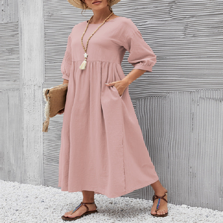 Summer Short-sleeved Dress With Pockets Fashion Solid Round Neck A-line Dresses For Women Clothing by DERILUJA LLC