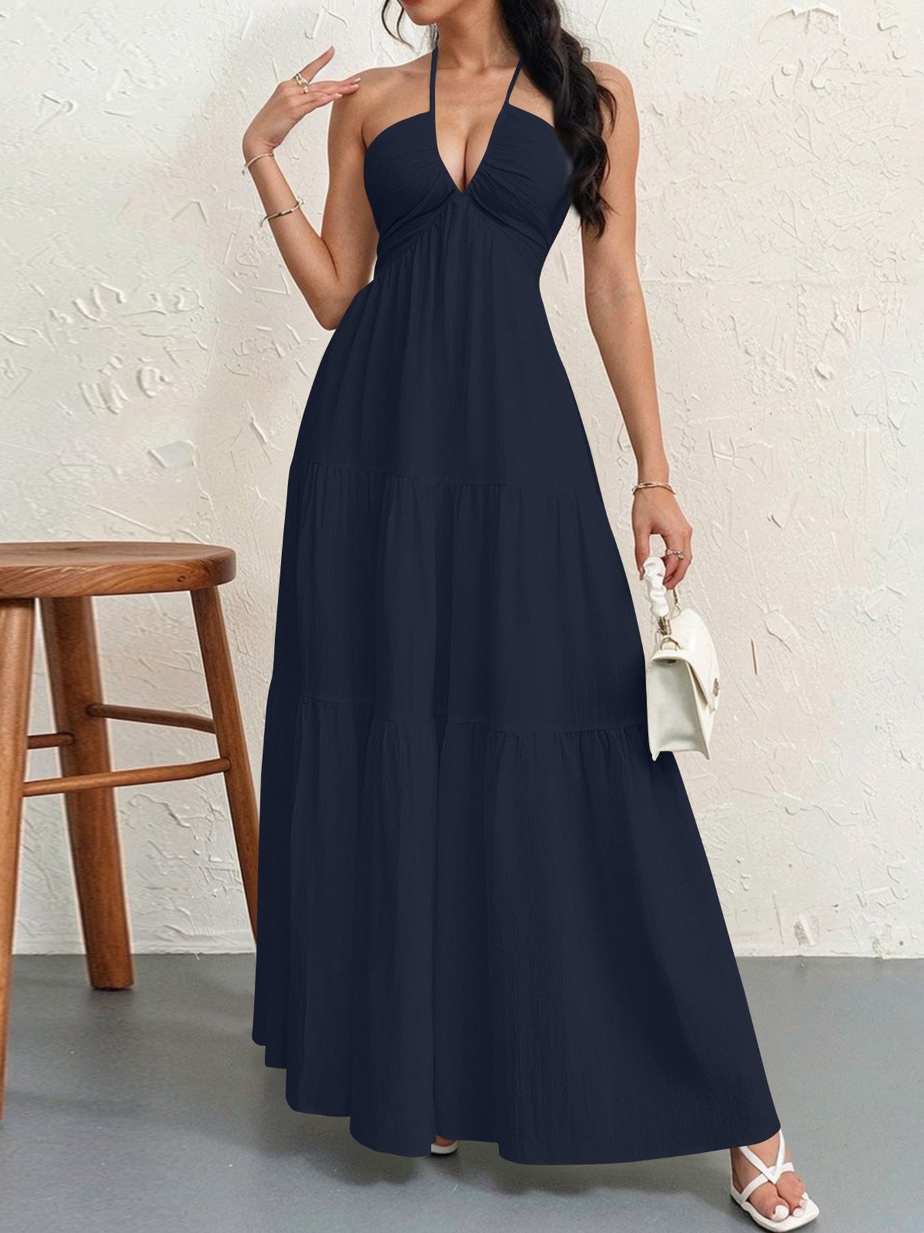Backless Halterneck V-Neck Pleated A- Line Dress Women's Clothing One-Piece Dress Ankle-length Skirt For Beach Vacation Outfits by DERILUJA LLC