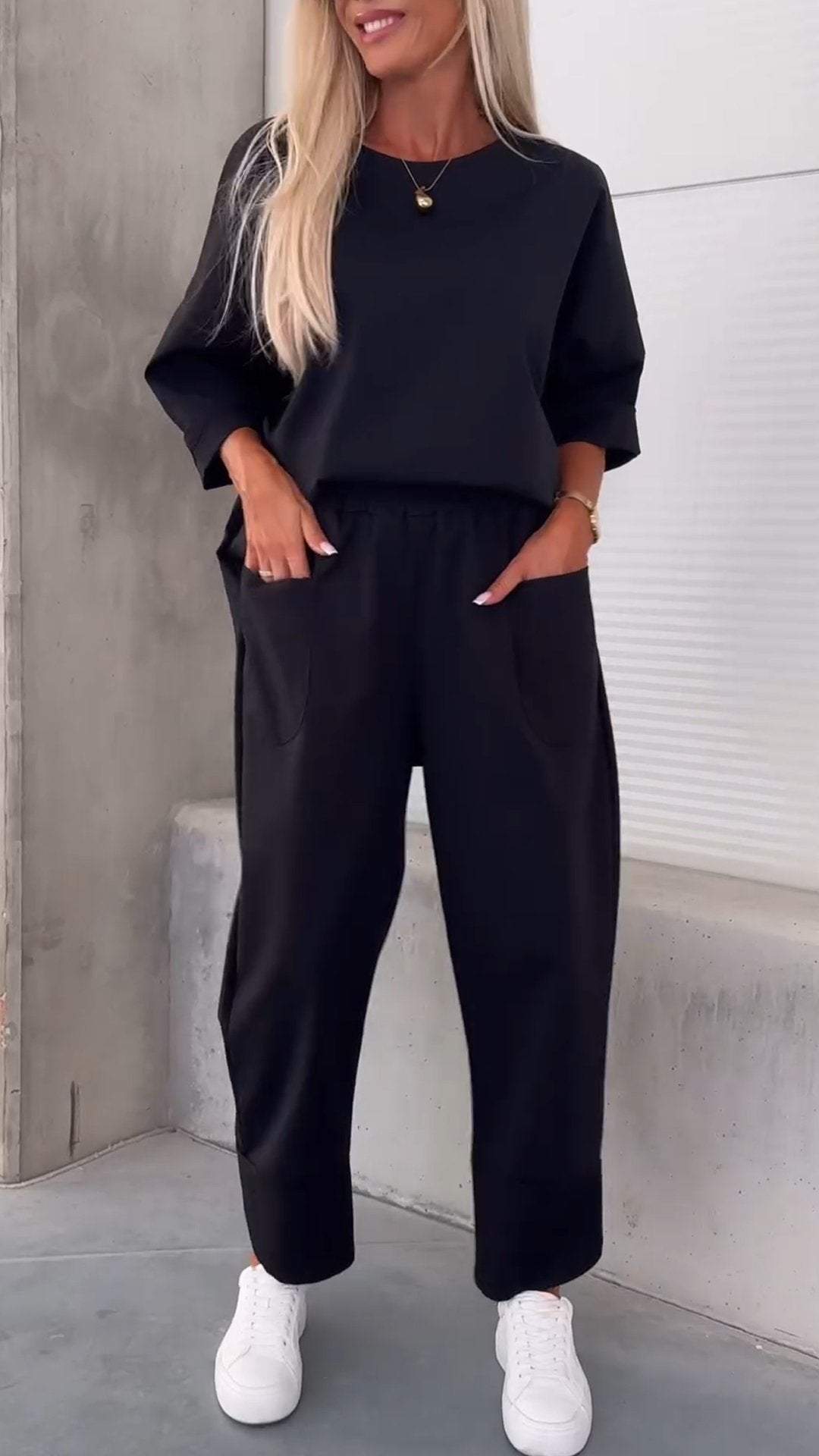 Two-piece Solid Color Round Neck Cropped Pants Set by My Store