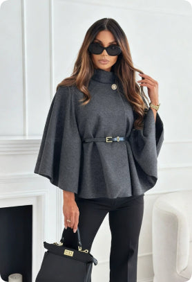 Stand Collar Batwing Sleeves Cloak Top With Belt Ins Fashion Temperament Jacket Woolen Sweater Outwear For Women Clothing by DERILUJA LLC