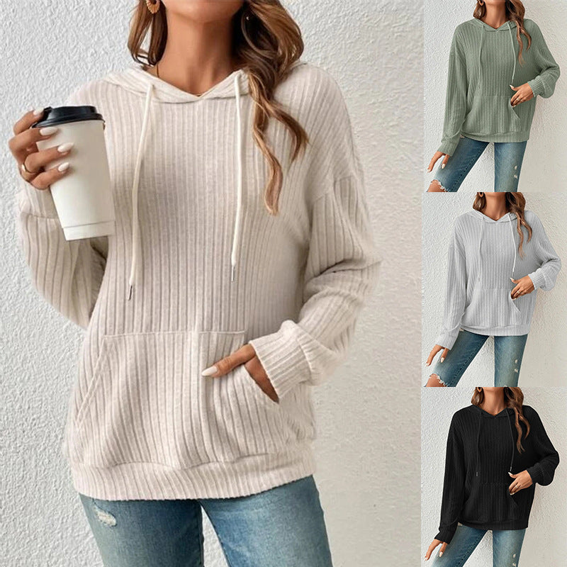 Fashion Drawstring Long-sleeved Hooded Sweatshirt With Pockets Solid Sunken Stripe Hoodie Knitwear Womens Clothing by DERILUJA LLC