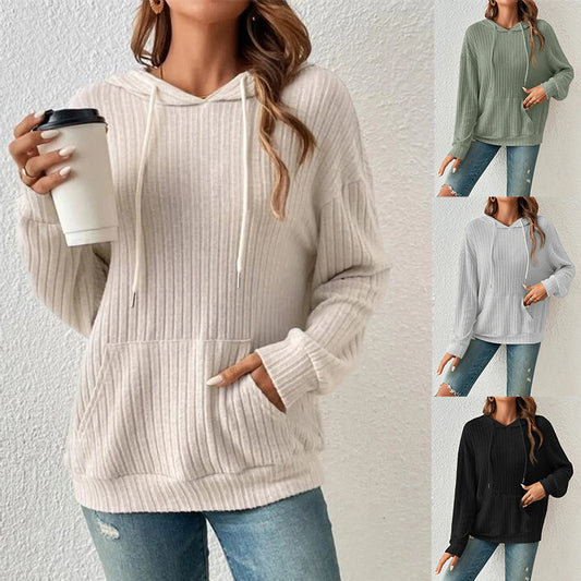 Fashion Drawstring Long-sleeved Hooded Sweatshirt With Pockets Solid Sunken Stripe Hoodie Knitwear Womens Clothing by DERILUJA LLC