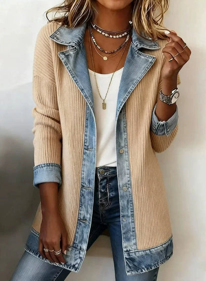 Denim Patchwork Jacket Fashion Commuter Lapel Button-down Long-sleeved Top For Women's Clothing by DERILUJA LLC
