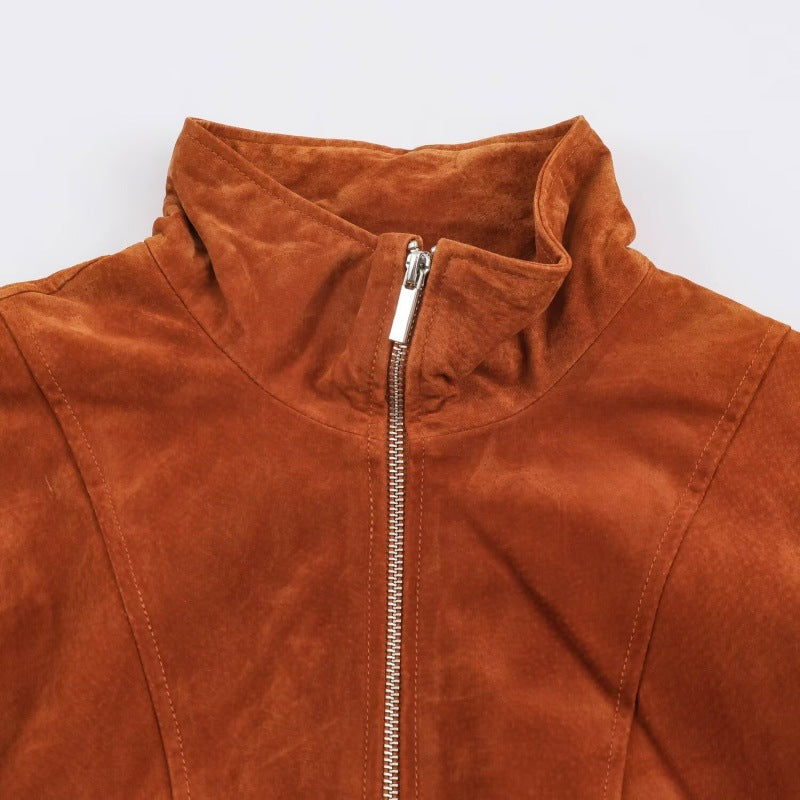 Vintage Leather Stand-collar Flight Jacket by DERILUJA LLC