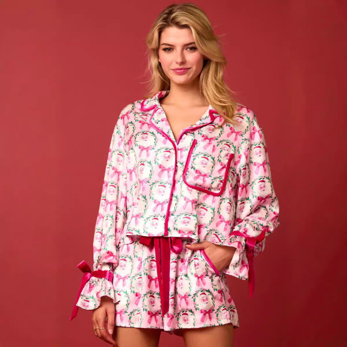 2 Pcs Women's Christmas Pajama Set Santa Tree Print Lapel Neck Button-up Long Sleeve Tops Shorts Loungewear Outfit by My Store