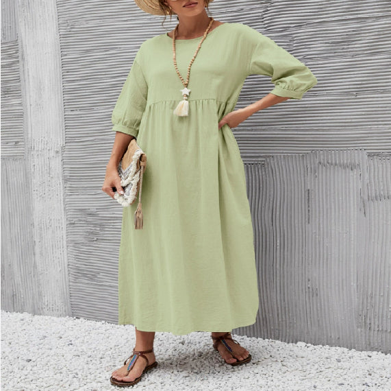 Summer Short-sleeved Dress With Pockets Fashion Solid Round Neck A-line Dresses For Women Clothing by DERILUJA LLC