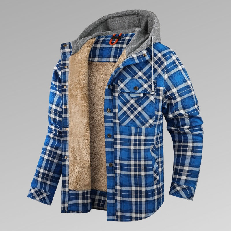 Men's Long Sleeve Velvet Thickened Hooded Plaid Shirt Coat by My Store