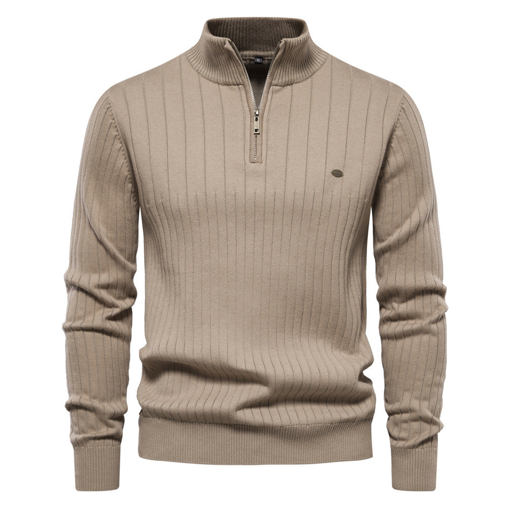Men's Stand Collar Sweater Fashion Half-zipper Solid Color Striped Knit Sweater High Quality Slim Fit Top Clothing by My Store