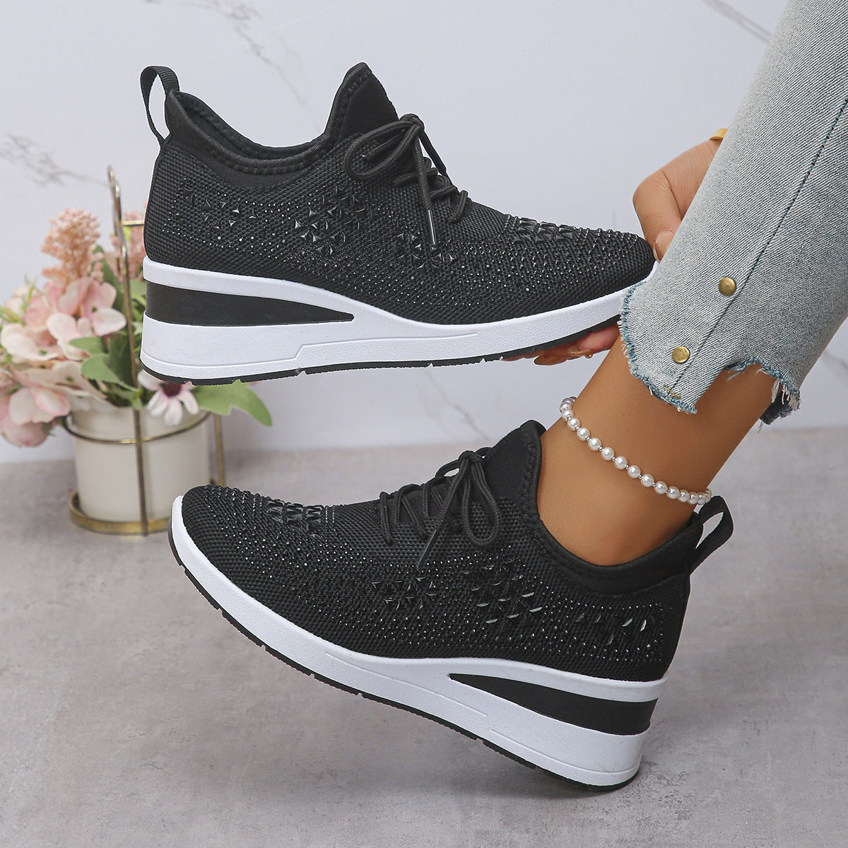 Ins Rhinestone Sneakers Fashion Lace Up Wedges Casual Shoes Women's Daily Commuting Sports Shoes by My Store