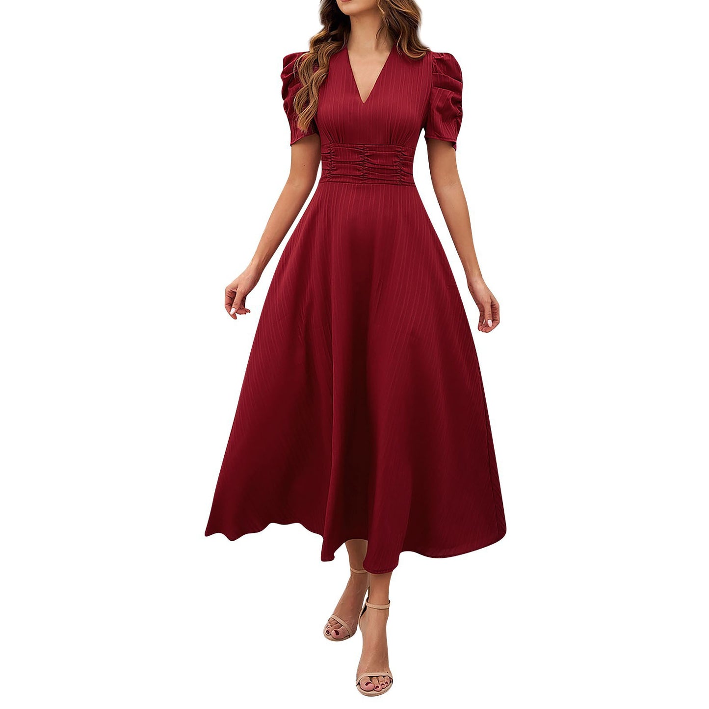 2026 Cross-Border Spring Summer Amazon Women's Fashionable And Elegant High-Waisted Solid Color Waist-Cinching Short-Sleeve Dress by DERILUJA LLC