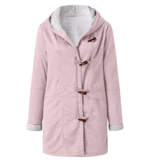 Winter Vintage Button Jackets Women's Warm Fleece Hooded Coat Casual Mid-Length Trench Top Outwear Clothing by DERILUJA LLC