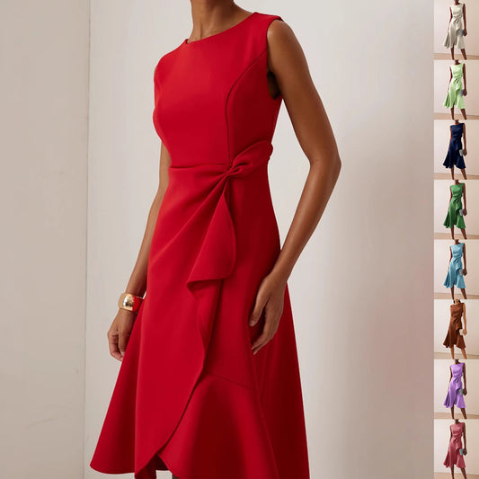Women's Bow-knot Sleeveless Dress Summer Round Neck Red Temperament by DERILUJA LLC