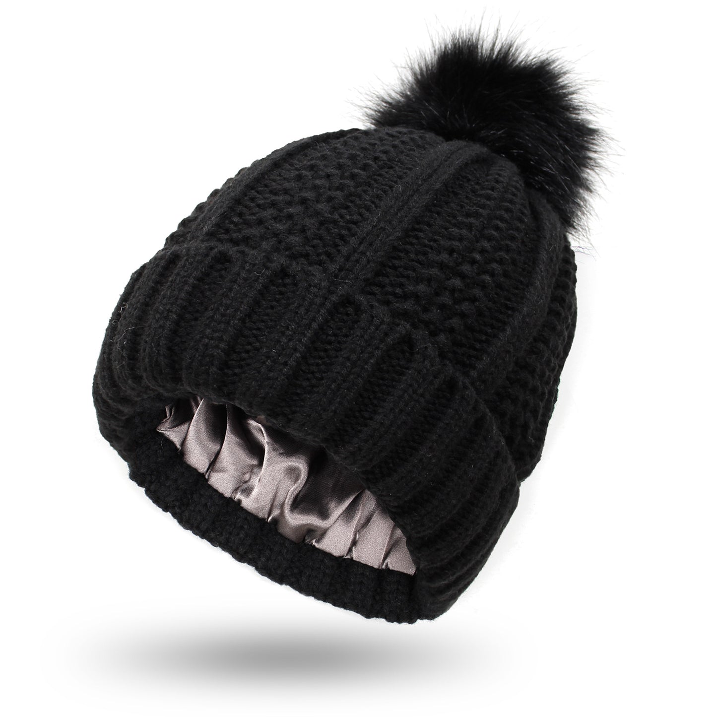 Winter Knitted Hats Fashion Stretchy Lined Skull Hats For Women Faux Fur Pom Pom Hat Keep Warming Beanie Hat by DERILUJA LLC