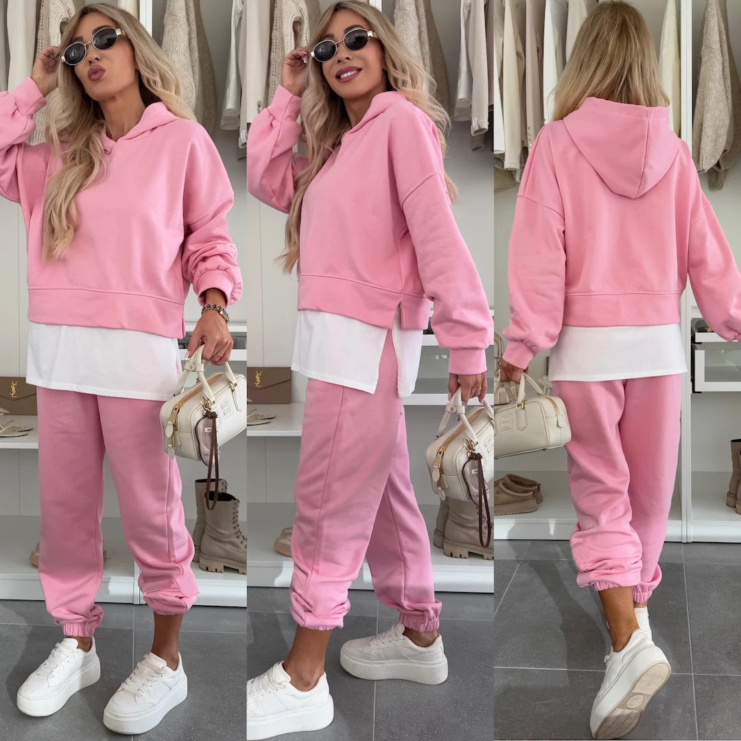 Hooded Sweatshirt Suit Loose Long Sleeve False Two-piece Tops And Jogger Sports Trousers Casual Spots Set For Women's Clothing by My Store